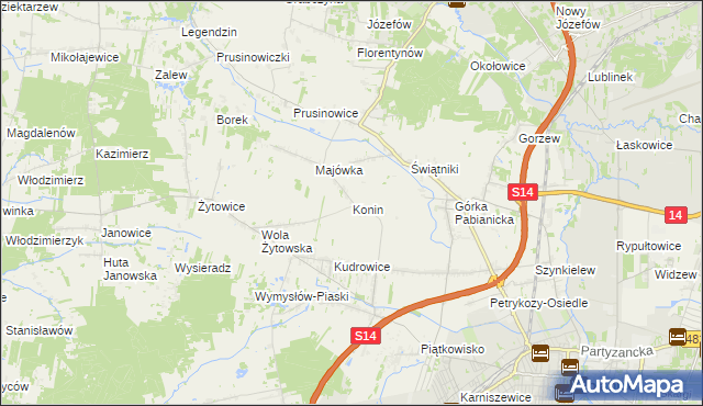 mapa Konin gmina Pabianice, Konin gmina Pabianice na mapie Targeo