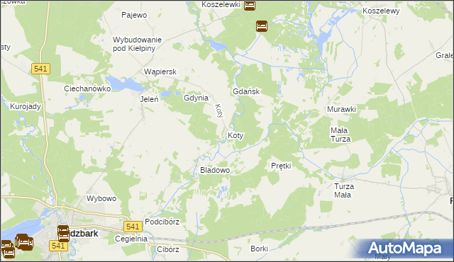 mapa Koty gmina Lidzbark, Koty gmina Lidzbark na mapie Targeo