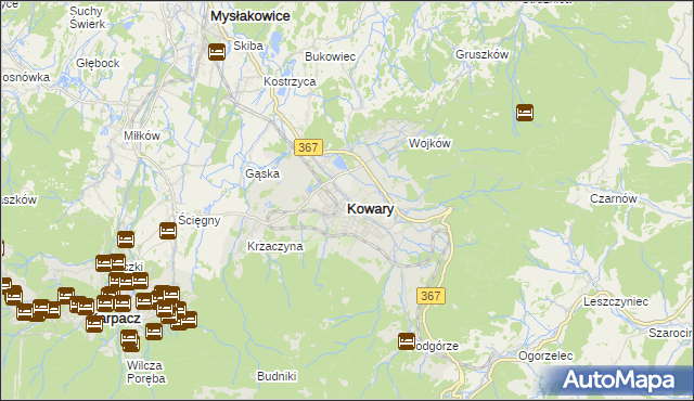 mapa Kowary powiat jeleniogórski, Kowary powiat jeleniogórski na mapie Targeo