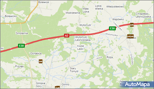 mapa Kozie Laski gmina Nowy Tomyśl, Kozie Laski gmina Nowy Tomyśl na mapie Targeo