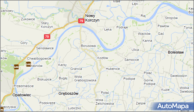 mapa Kozłów gmina Gręboszów, Kozłów gmina Gręboszów na mapie Targeo