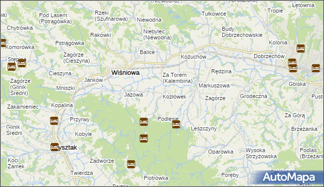 mapa Kozłówek gmina Wiśniowa, Kozłówek gmina Wiśniowa na mapie Targeo