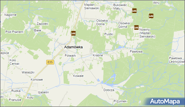 mapa Krasne gmina Adamówka, Krasne gmina Adamówka na mapie Targeo