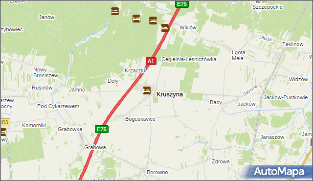 mapa Kruszyna powiat częstochowski, Kruszyna powiat częstochowski na mapie Targeo