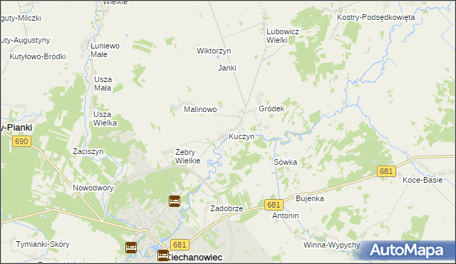 mapa Kuczyn gmina Klukowo, Kuczyn gmina Klukowo na mapie Targeo