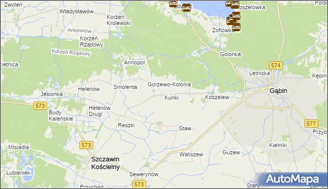 mapa Kunki gmina Szczawin Kościelny, Kunki gmina Szczawin Kościelny na mapie Targeo