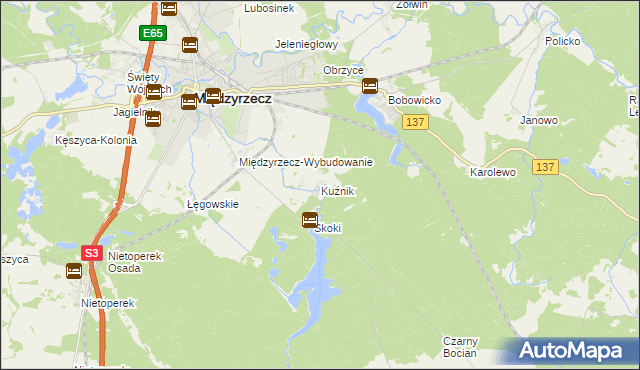 mapa Kuźnik gmina Międzyrzecz, Kuźnik gmina Międzyrzecz na mapie Targeo