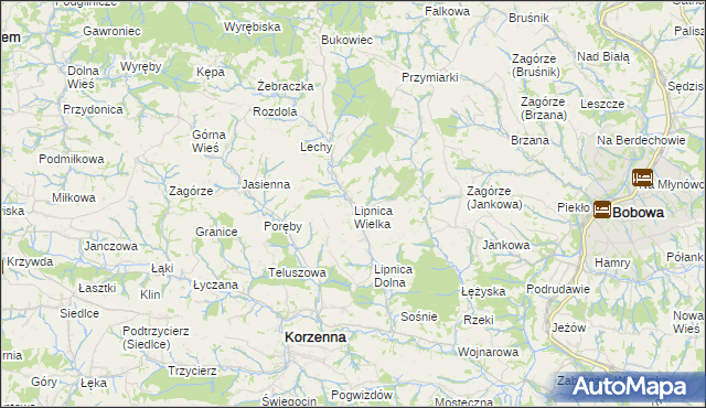 mapa Lipnica Wielka gmina Korzenna, Lipnica Wielka gmina Korzenna na mapie Targeo