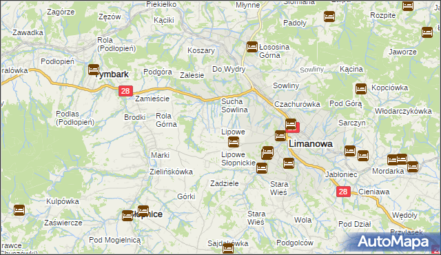mapa Lipowe gmina Limanowa, Lipowe gmina Limanowa na mapie Targeo