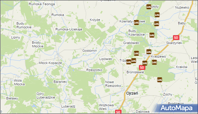 mapa Lipówiec gmina Ojrzeń, Lipówiec gmina Ojrzeń na mapie Targeo