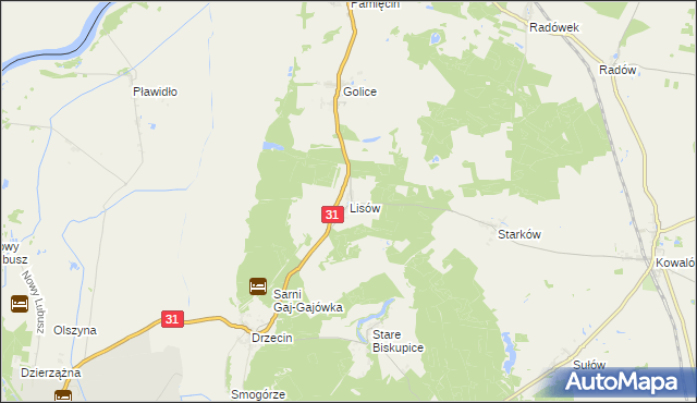 mapa Lisów gmina Słubice, Lisów gmina Słubice na mapie Targeo