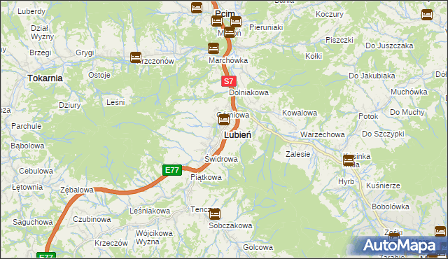 mapa Lubień powiat myślenicki, Lubień powiat myślenicki na mapie Targeo