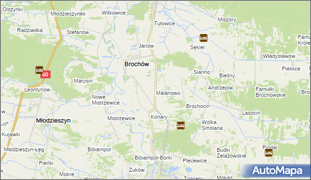 mapa Malanowo gmina Brochów, Malanowo gmina Brochów na mapie Targeo