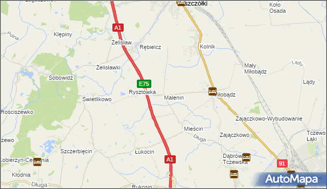 mapa Malenin gmina Tczew, Malenin gmina Tczew na mapie Targeo