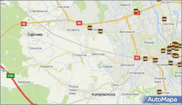 mapa Mechnice gmina Dąbrowa, Mechnice gmina Dąbrowa na mapie Targeo
