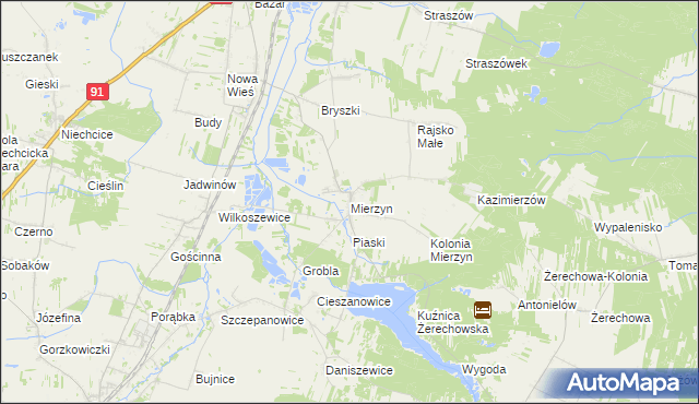 mapa Mierzyn gmina Rozprza, Mierzyn gmina Rozprza na mapie Targeo
