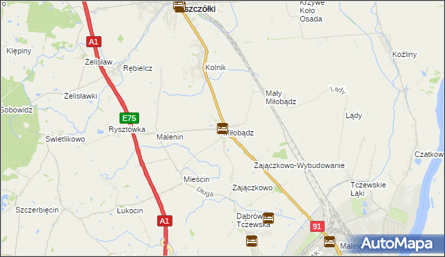 mapa Miłobądz gmina Tczew, Miłobądz gmina Tczew na mapie Targeo