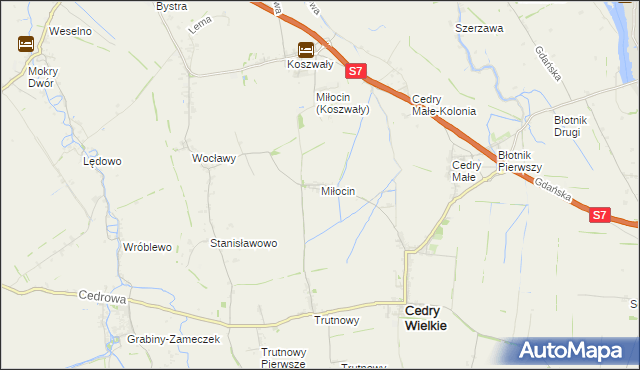 mapa Miłocin gmina Cedry Wielkie, Miłocin gmina Cedry Wielkie na mapie Targeo