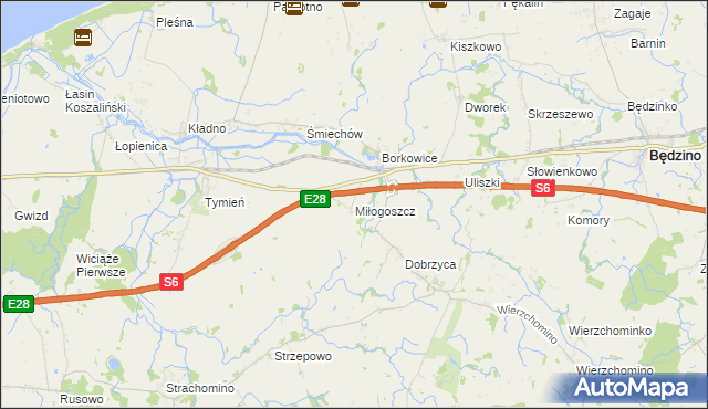 mapa Miłogoszcz gmina Będzino, Miłogoszcz gmina Będzino na mapie Targeo