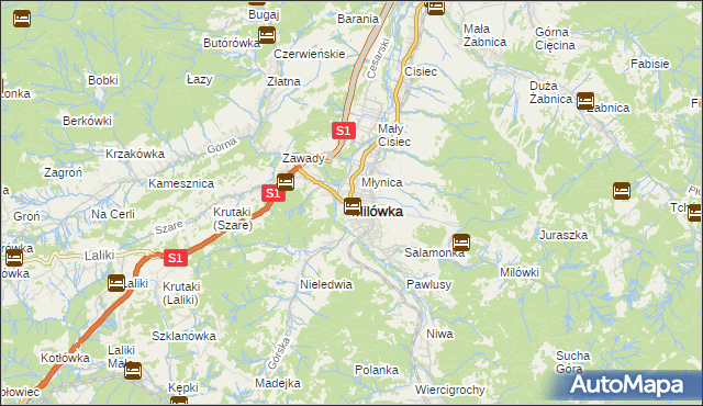 mapa Milówka powiat żywiecki, Milówka powiat żywiecki na mapie Targeo