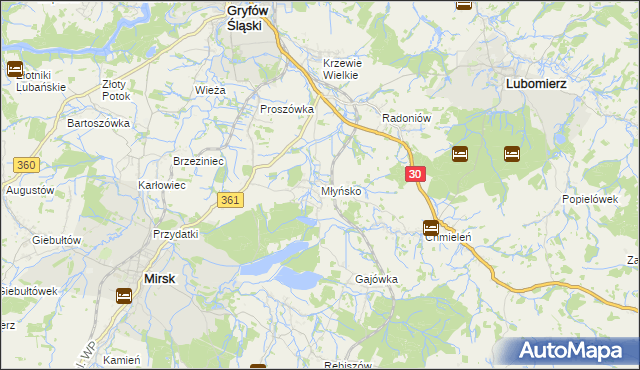 mapa Młyńsko gmina Gryfów Śląski, Młyńsko gmina Gryfów Śląski na mapie Targeo
