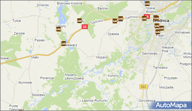 mapa Mszano gmina Brodnica, Mszano gmina Brodnica na mapie Targeo