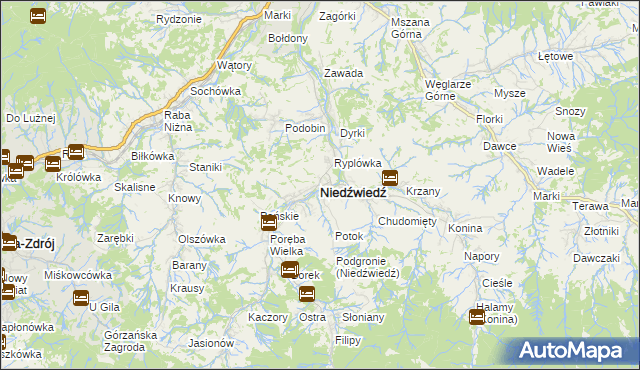 mapa Niedźwiedź powiat limanowski, Niedźwiedź powiat limanowski na mapie Targeo