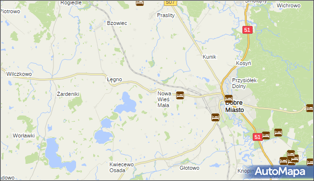 mapa Nowa Wieś Mała gmina Dobre Miasto, Nowa Wieś Mała gmina Dobre Miasto na mapie Targeo