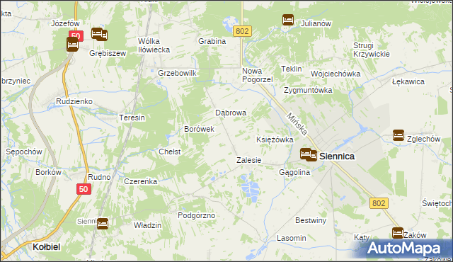 mapa Nowe Zalesie gmina Siennica, Nowe Zalesie gmina Siennica na mapie Targeo