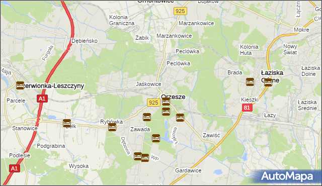 mapa Orzesze powiat mikołowski, Orzesze powiat mikołowski na mapie Targeo