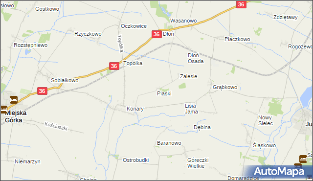 mapa Piaski gmina Miejska Górka, Piaski gmina Miejska Górka na mapie Targeo