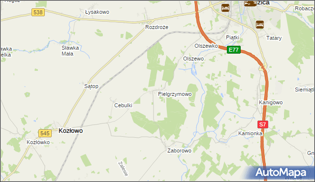 mapa Pielgrzymowo gmina Kozłowo, Pielgrzymowo gmina Kozłowo na mapie Targeo