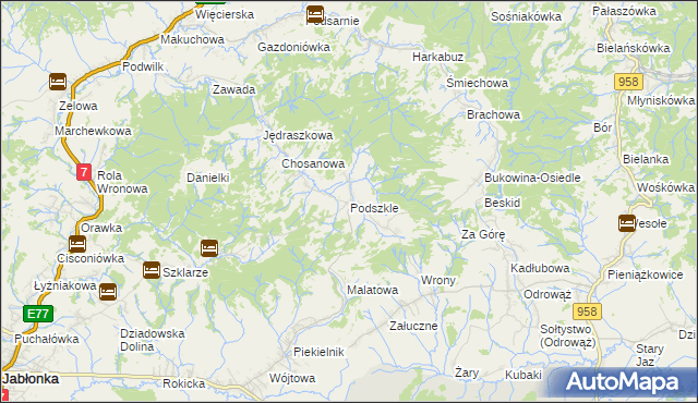 mapa Podszkle gmina Czarny Dunajec, Podszkle gmina Czarny Dunajec na mapie Targeo