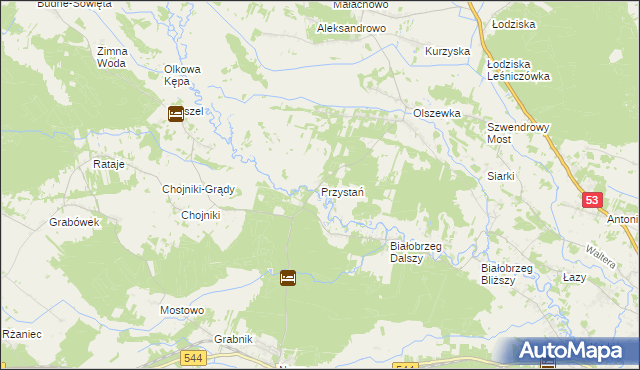 mapa Przystań gmina Olszewo-Borki, Przystań gmina Olszewo-Borki na mapie Targeo