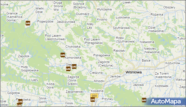 mapa Pstrągówka gmina Wiśniowa, Pstrągówka gmina Wiśniowa na mapie Targeo