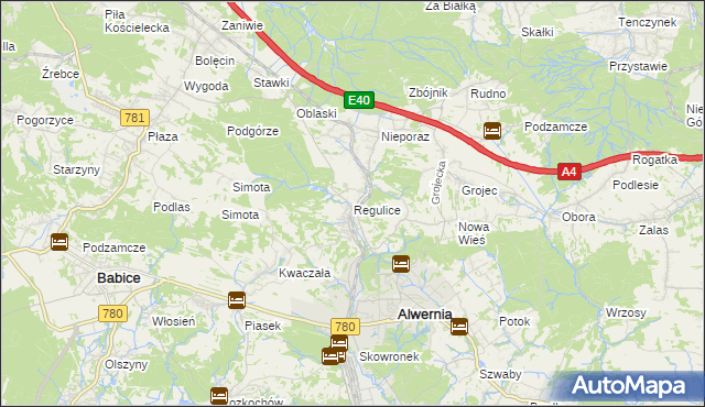 mapa Regulice gmina Alwernia, Regulice gmina Alwernia na mapie Targeo