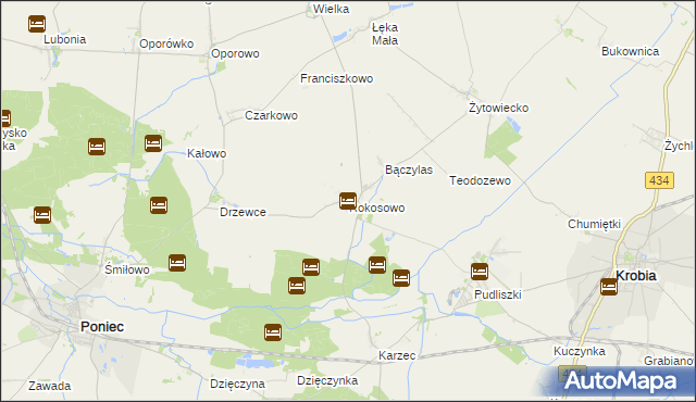 mapa Rokosowo gmina Poniec, Rokosowo gmina Poniec na mapie Targeo