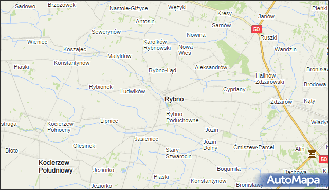 mapa Rybno powiat sochaczewski, Rybno powiat sochaczewski na mapie Targeo