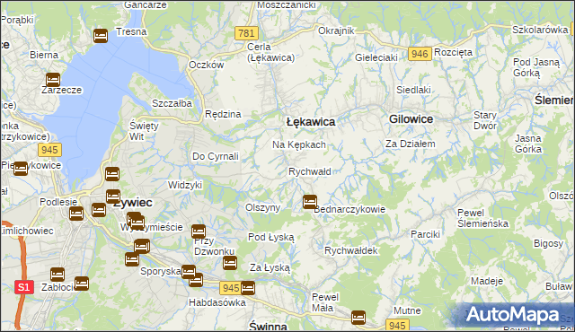 mapa Rychwałd gmina Gilowice, Rychwałd gmina Gilowice na mapie Targeo