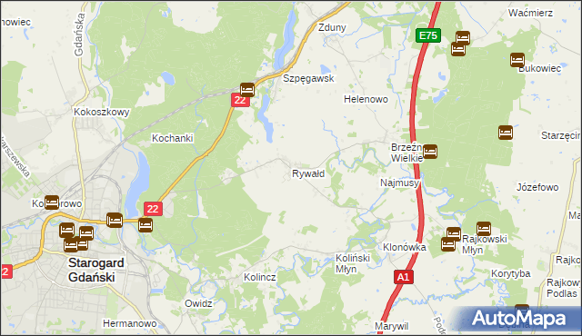 mapa Rywałd gmina Starogard Gdański, Rywałd gmina Starogard Gdański na mapie Targeo