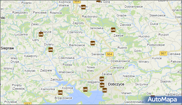 mapa Sieraków gmina Dobczyce, Sieraków gmina Dobczyce na mapie Targeo