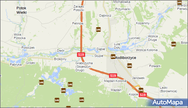 mapa Słupie gmina Modliborzyce, Słupie gmina Modliborzyce na mapie Targeo