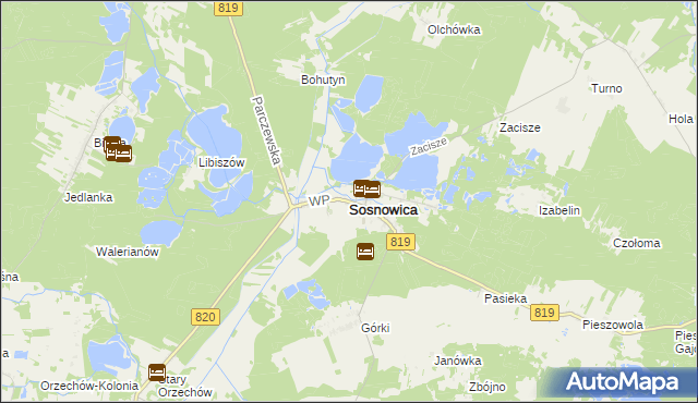 mapa Sosnowica powiat parczewski, Sosnowica powiat parczewski na mapie Targeo