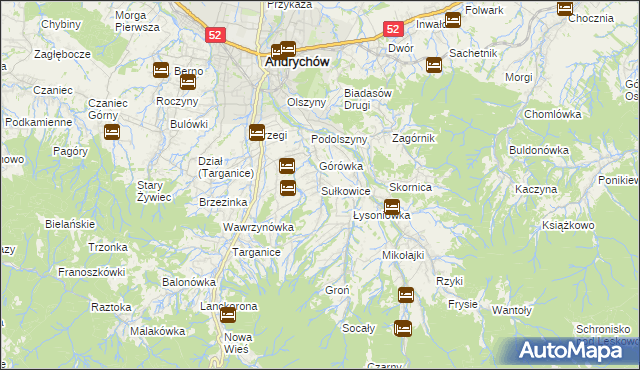 mapa Sułkowice gmina Andrychów, Sułkowice gmina Andrychów na mapie Targeo