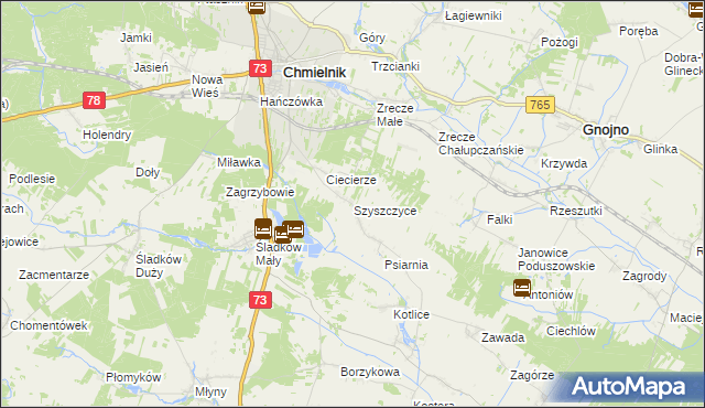 mapa Szyszczyce gmina Chmielnik, Szyszczyce gmina Chmielnik na mapie Targeo