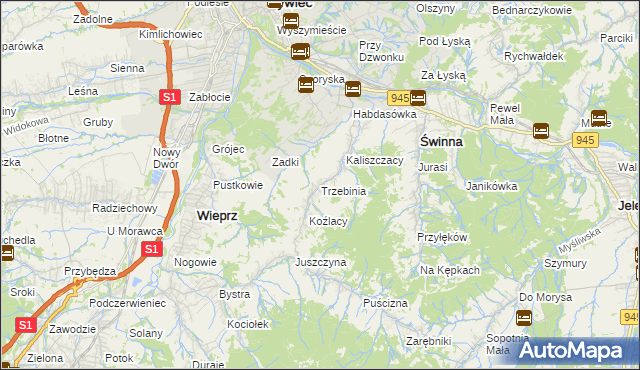 mapa Trzebinia gmina Świnna, Trzebinia gmina Świnna na mapie Targeo
