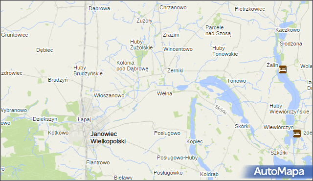 mapa Wełna gmina Janowiec Wielkopolski, Wełna gmina Janowiec Wielkopolski na mapie Targeo