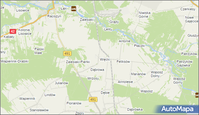 mapa Więcki gmina Popów, Więcki gmina Popów na mapie Targeo