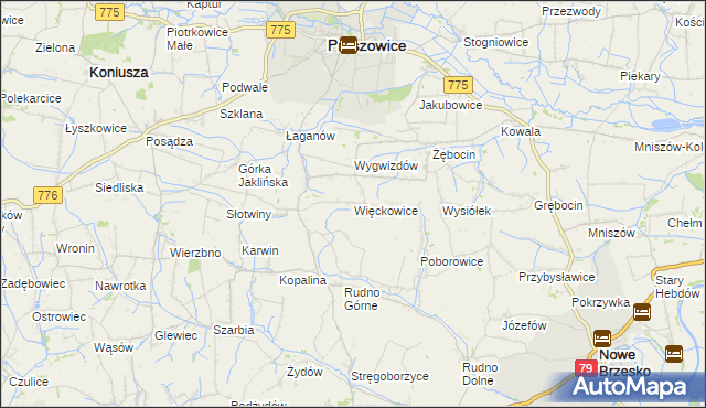 mapa Więckowice gmina Proszowice, Więckowice gmina Proszowice na mapie Targeo