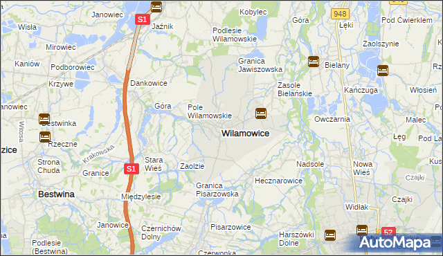mapa Wilamowice powiat bielski, Wilamowice powiat bielski na mapie Targeo